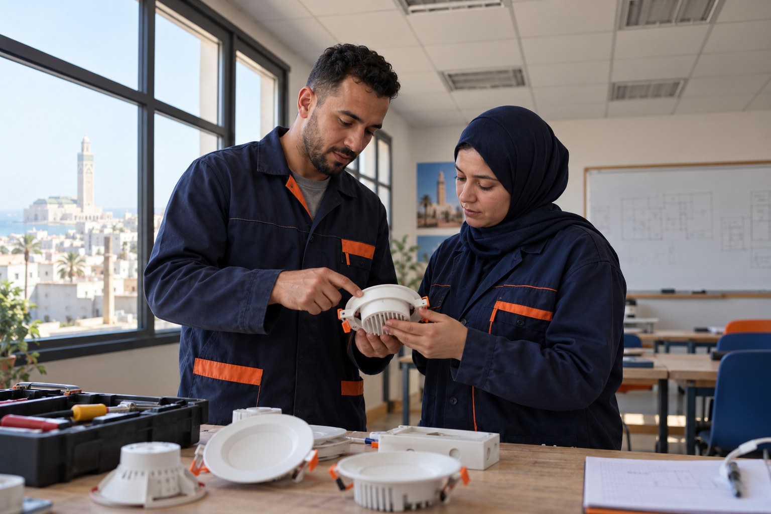 Apprenants observant les caractéristiques d’un luminaire dans un espace de formation