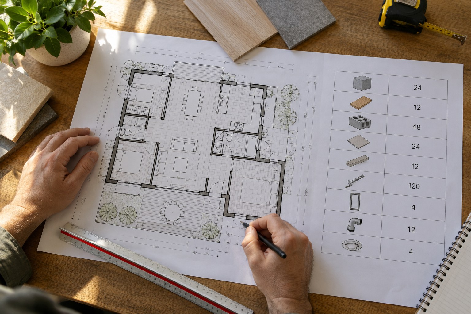 Plan et tableau de quantités utilisés pour un contrôle pédagogique