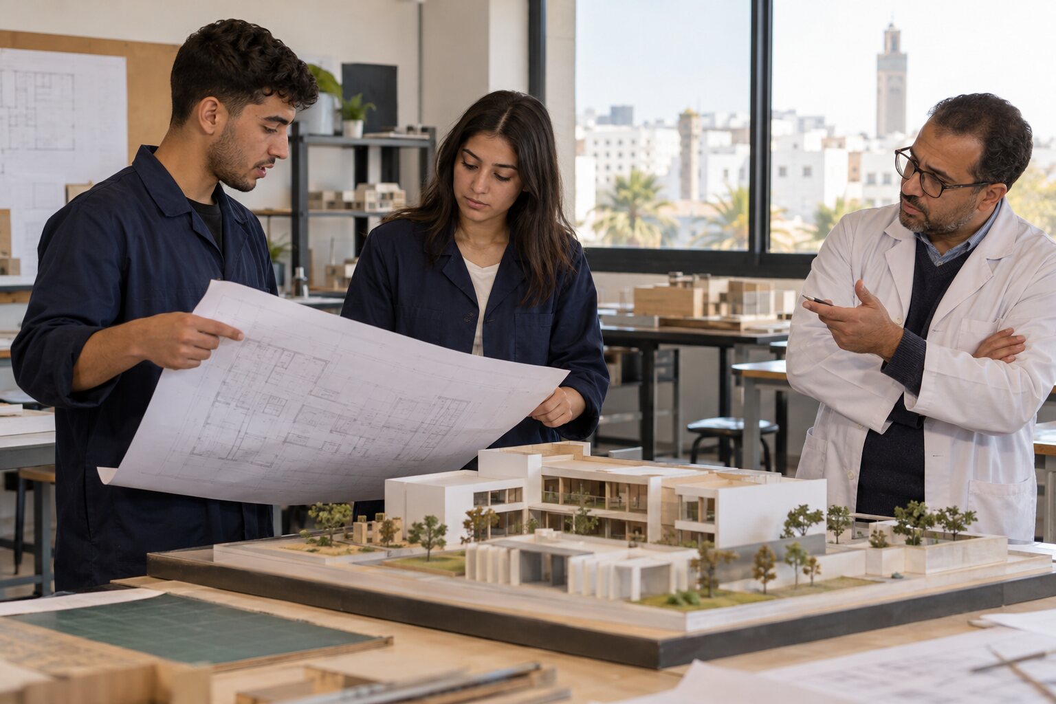 Étudiants comparant plan et maquette pendant une formation Revit à Casablanca
