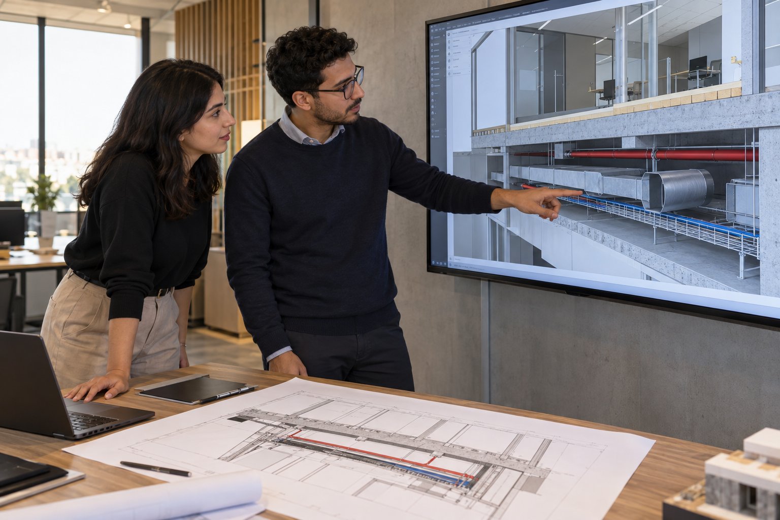 Apprenants comparant une coupe BIM et un document papier