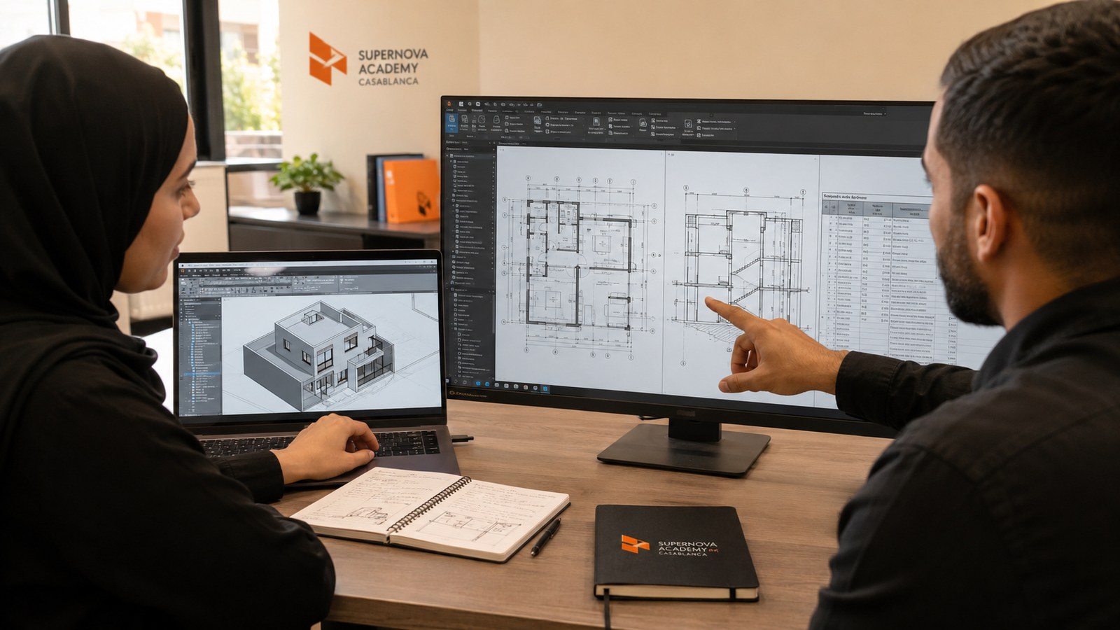 Apprenante sélectionnant des plans et une maquette BIM pour son portfolio bâtiment