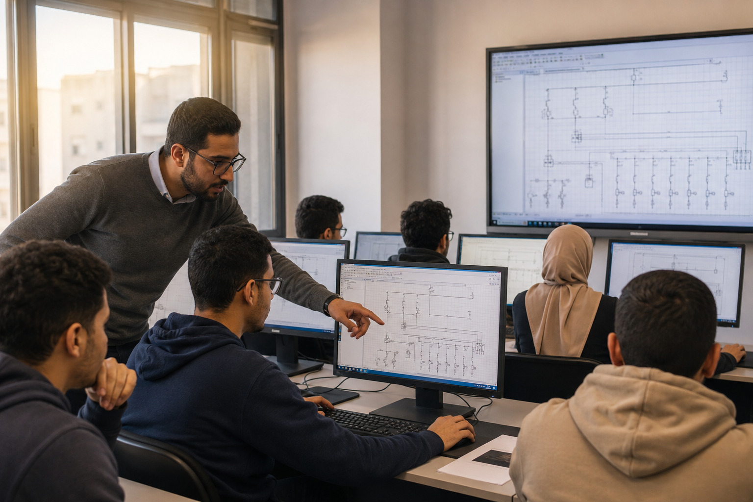 Apprenant analysant un schéma électrique et ses calculs