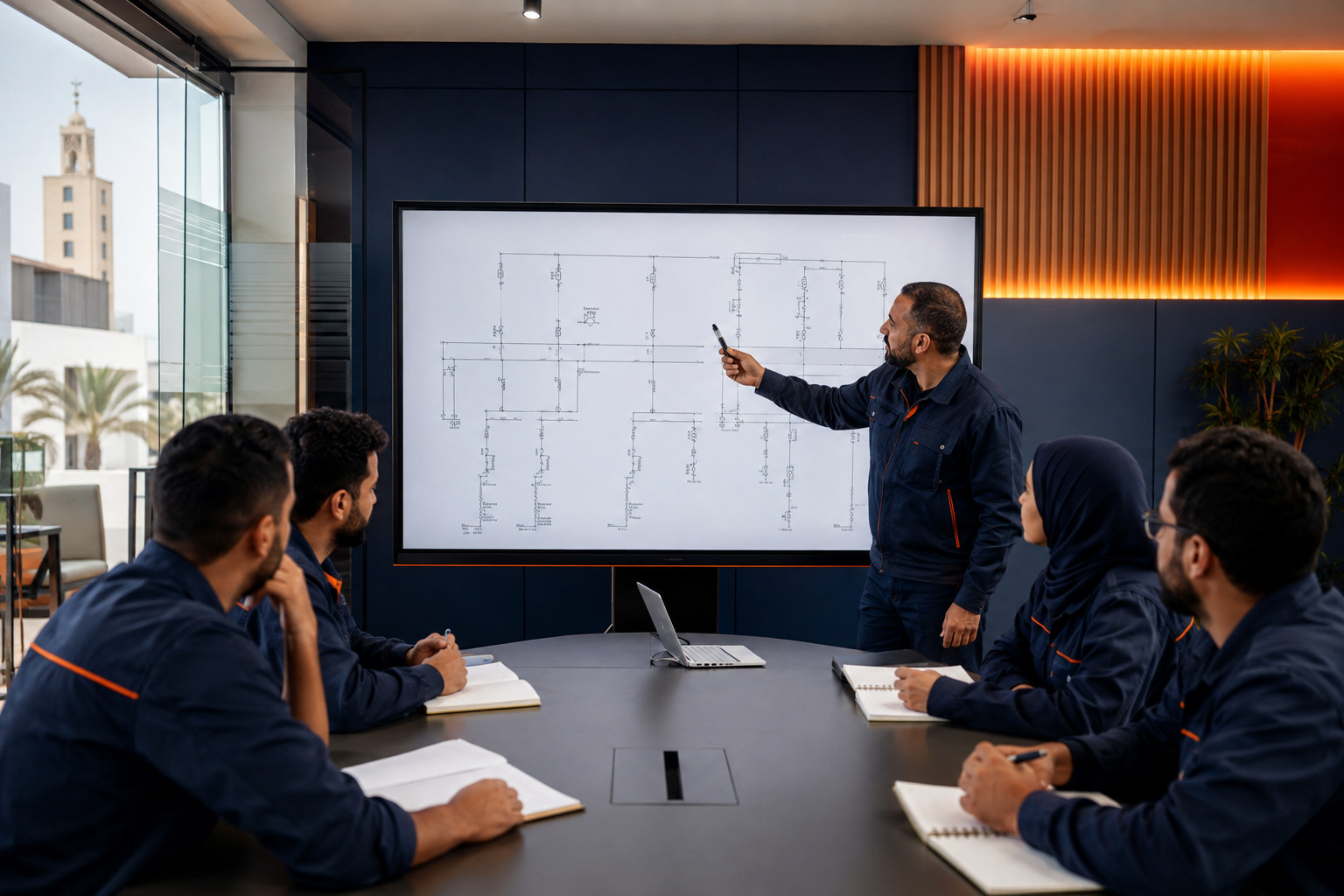 Formateur expliquant un schéma unifilaire à des techniciens