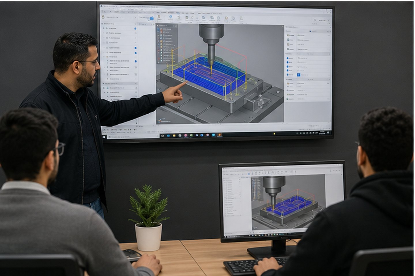 Formateur expliquant une simulation de trajectoire CNC